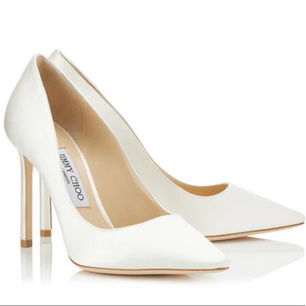 Jimmy Choo Romy 100 Ivory Satin Pointy Toe Pumps